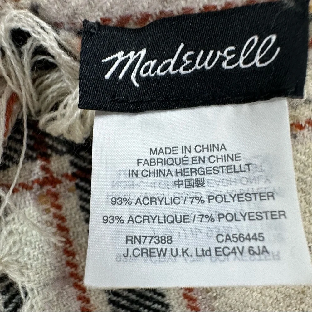 Madewell Speckled Cream Black & Red Plaid Scarf Wrap 21.5 x 74”